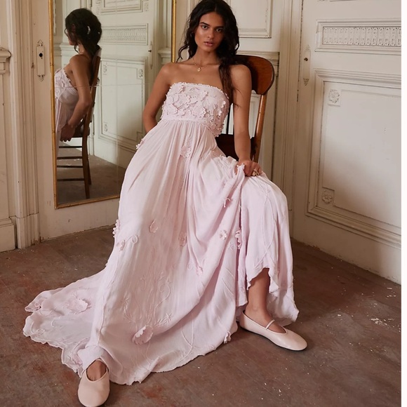 Charo Ruiz Aida Long Dress Free People Rosa 3D Floral Embroidered